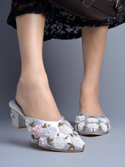 HVNLY by Shoetopia - Women Silver Floral Sequin and Bead Embroidered Mules Heels