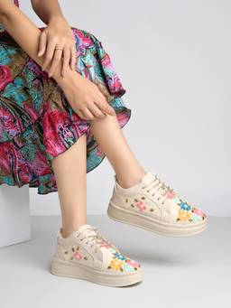 HVNLY by Shoetopia - Women Cream Floral Embroidered and Embellished Platform Sneakers