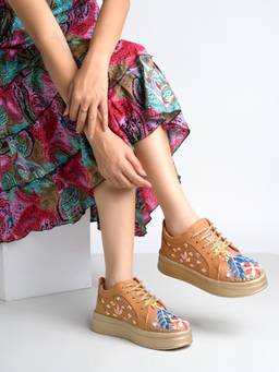 HVNLY by Shoetopia - Women Tan Embroidered and Sequin Platform Sneakers