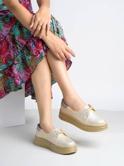 HVNLY by Shoetopia - Women Gold Shimmer Lace-Up Platform Sneakers
