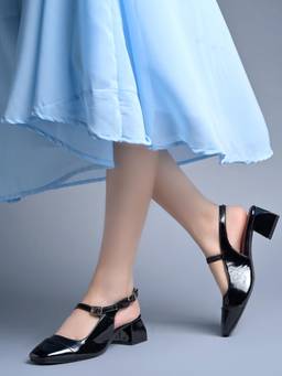 HVNLY by Shoetopia - Women Black Patent Slingback Block Sandals Heels