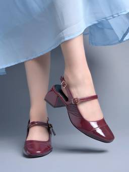 HVNLY by Shoetopia - Women Cherry Red Patent Slingback Block Sandals Heels