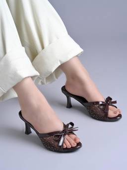 Shoetopia - Women Brown Embellished Mesh Bow Sandals Heels