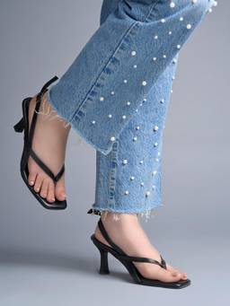 Shoetopia - Women Black Strappy Toe-Post Square Toe Slingback Sandals Heels