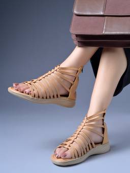 Shoetopia - Women Tan Strappy High-Top Gladiator Flat Sandals