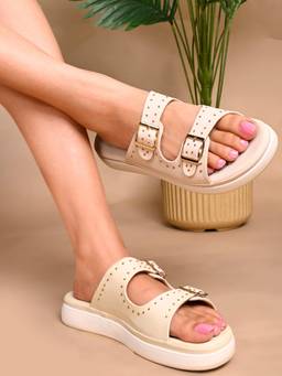 Jove - Women Cream Western Embellished Open Toe Sandals