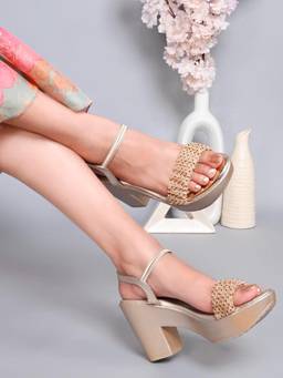 Jove - Women Golden Embellished Sandals Heels
