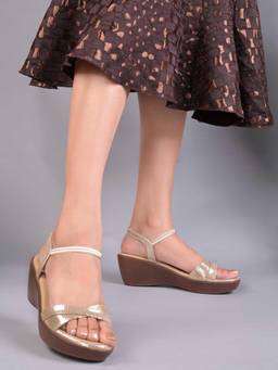 Jove - Women Gold Textured Metallic Wedges Heels