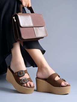 Shoetopia - Women Brown Rhinestone Buckle Wedge Heels