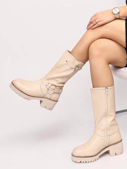 Truffle Collection - Women Cream Solid Casual Boots