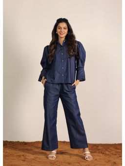 Kaori By Shreya - Cotton Trouser Airport Co-Ord - Blue (Set of 2)