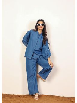 Kaori By Shreya - Cotton Airport Relaxed Co-Ord - Blue (Set of 2)
