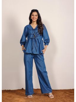Kaori By Shreya - Cotton Airport Relaxed Co-Ord - Blue (Set of 2)