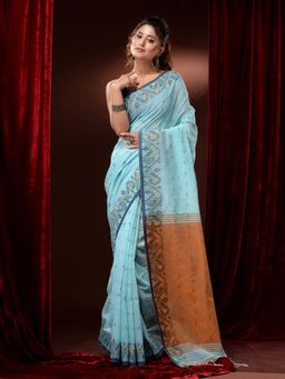 CHARUKRITI - Sky Blue Cotton Handspun Ethnic Motifs and Jamdani Borders Saree with Unstitched Blouse