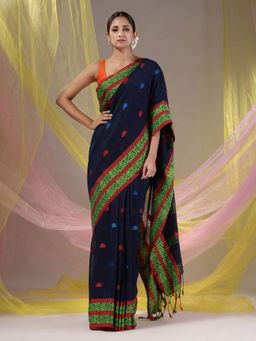 CHARUKRITI - Navy Blue Cotton Handloom Soft Nakshi Border Saree with Unstitched Blouse