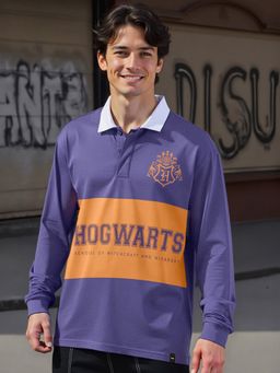 Bewakoof - Official Harry Potter Men's Purple Hogwards Graphic Printed Oversized Polo T-shirt
