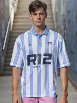 Bewakoof - Men's White & Blue R12 Race Club Striped Polo T-shirt