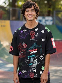 Bewakoof - Heavy Duty 1.0 Men's Black Marvel All Over Printed Super Loose Fit T-shirt