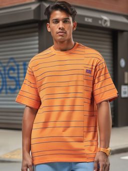 Bewakoof - Men's Orange Icon Striped Oversized T-shirt