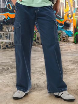 Bewakoof - Men's Blue Wide Leg Cargo Pants