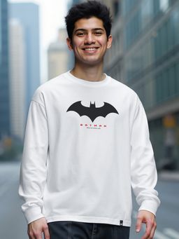 Bewakoof - Official DC Men's White Batman Outline Logo Graphic Printed Oversized T-shirt