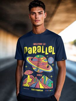 Bewakoof - Men's Blue Parallel World Graphic Printed T-shirt