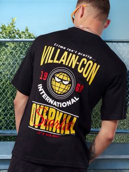 Bewakoof - Official Minions Men's Black Villan-Con Typography Oversized T-shirt