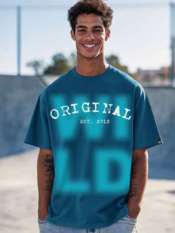 Bewakoof - Heavy Duty 1.0 Men's Morrocan Blue Wild Typography Oversized T-shirt