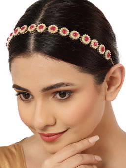 Karatcart - Gold Plated Red Sun Flower Design Kundan Hairband for Women