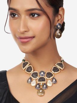 Joules By Radhika - Gold Finish Grey & Blue Enameled Necklace & Earrings (Set of 2)