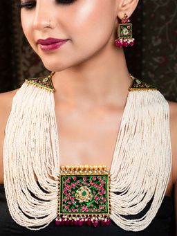 AG'S - Gold Plated Green And Ruby Meenakari Kundan Necklace Set