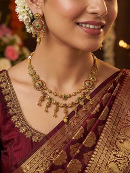 Yellow Chimes - Women Multi-Color Antique Gold Plated Layered Floral Necklace Set