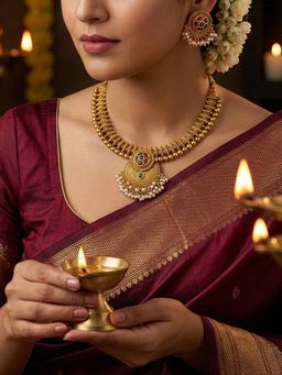 Yellow Chimes - Women Red and Green Stone Antique Gold Plated Temple Necklace and Earrings Set