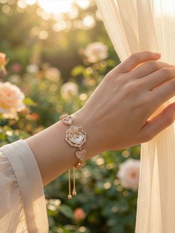 Yellow Chimes - Women White Floral Pearl Heart Link Rose Gold Plated Chain Bracelet