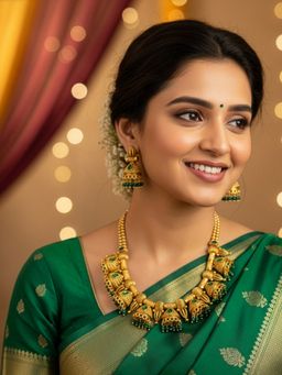 Yellow Chimes - Women Green Stone Antique Gold Plated Jhumka Style Necklace Set