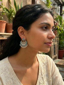 Yellow Chimes - Women Blue Oxidised Peacock Enamel Pearl Drop Earrings