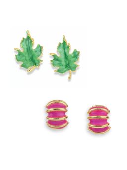 Yellow Chimes - Women Pink-Green Gold Plated Enamel Stud Earrings (Pack of 2)
