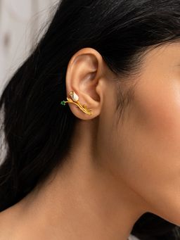 Shaya by CaratLane - 925 Silver Shaya by CaratLane Women Sevti White Rose Green Stone Crafted Gold Plated Ear Cuffs