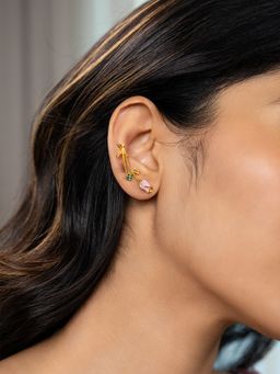 Shaya by CaratLane - 925 Silver Shaya by CaratLane Women Pink Rose Green Stone Crafted Gold Plated Ear Cuffs