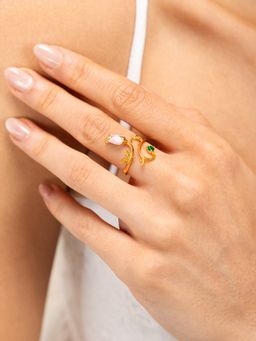 Shaya by CaratLane - 925 Silver Shaya by CaratLane Women Nasrin Pink Rose Crafted Green Stone Gold Plated Ring