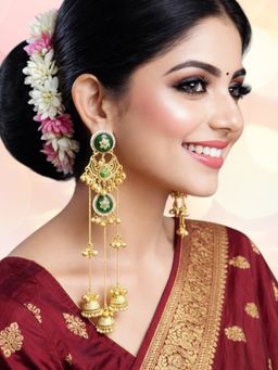 OOMPH - Women Green Long Kashmiri Ghungroo Detailing Jhumka Earrings