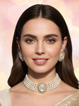 OOMPH - Women White Pearls Multi Layered Ethnic Choker Jewellery Set