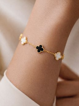 ARTKLIM - Women Gold Plated Black-White Floral Clover Adjustable Anti-Tarnish Bracelet