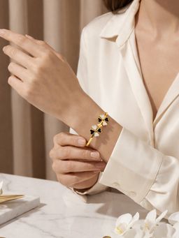 ARTKLIM - Women Gold Plated Black and White Flower Open Anti-Tarnish Cuff