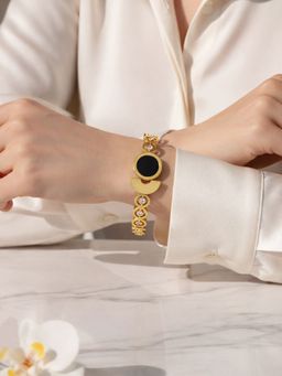 ARTKLIM - Women Gold Plated Black Round Charm Anti-Tarnish Open Cuff