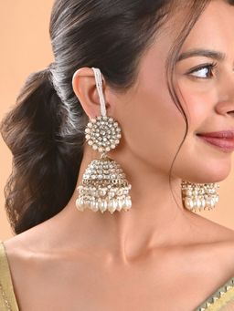 Fida - Women White Kundan-Pearls Heavy Attached Ear Chain Jhumka Earrings