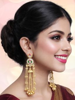 OOMPH - Women Multi-Color Kundan Heritage Ghungroo Detailing Kashmiri Drop Earrings