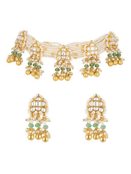 KALKI FASHION - Women Mint Green Kundan and Pearl Choker Necklace Set