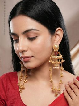 Saraf RS Jewellery - Women Gold Plated Pink Stone Ghungroo Bird Kashmiri Jhumka Earrings