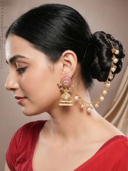 Saraf RS Jewellery - Women Gold Plated Pink Kundan Pearl Bridal Attached Ear Chain Jhumka Earrings
